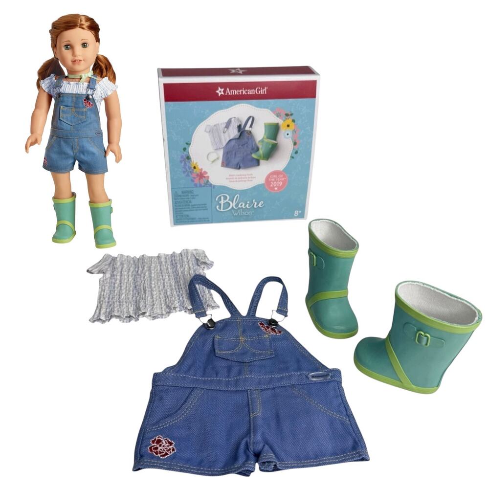 American Girl Blaire Gardening Outfit Overall Shorts Top Rubber Rain Boots Box